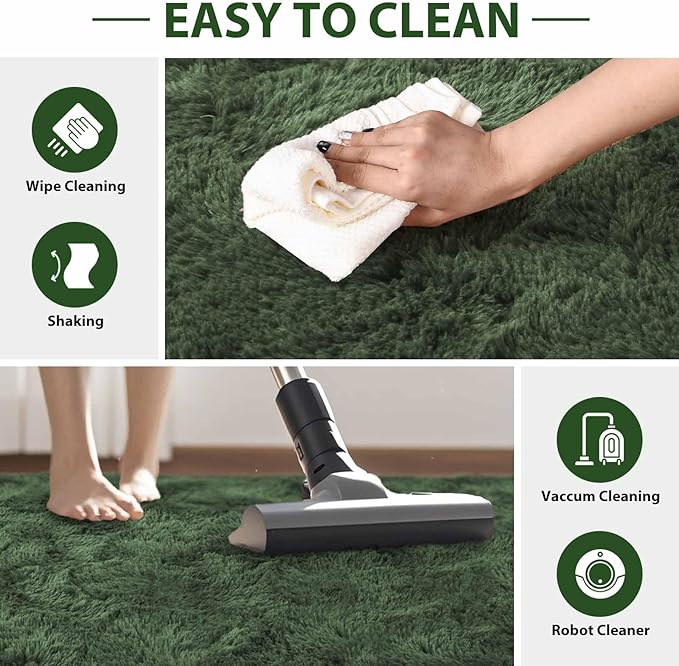 FinRèc 8x10 Feet Green Rug for Living Room Bedroom, Fluffy Fuzzy Shag Rugs, Non-Slip Furry Shaggy Area Rug for Nursery Kids Room Dorm Room Home Decor, Indoor Floor Carpet