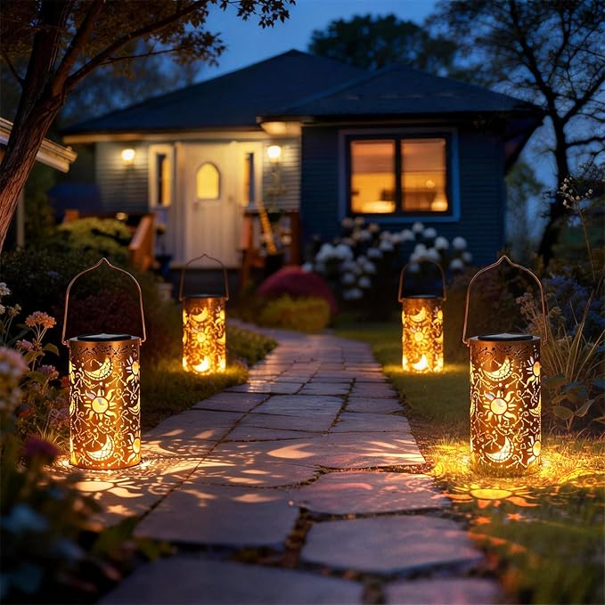 DIBIEECN Mothers Day Gifts for Mom, Birthday Gifts Grandma Ladies Solar Lanterns Outdoor Hanging Hollowed-Out Metal Waterproof LED Garden Decor Outside for Patio Yard Porch, Sun and Moon, 1 Pack
