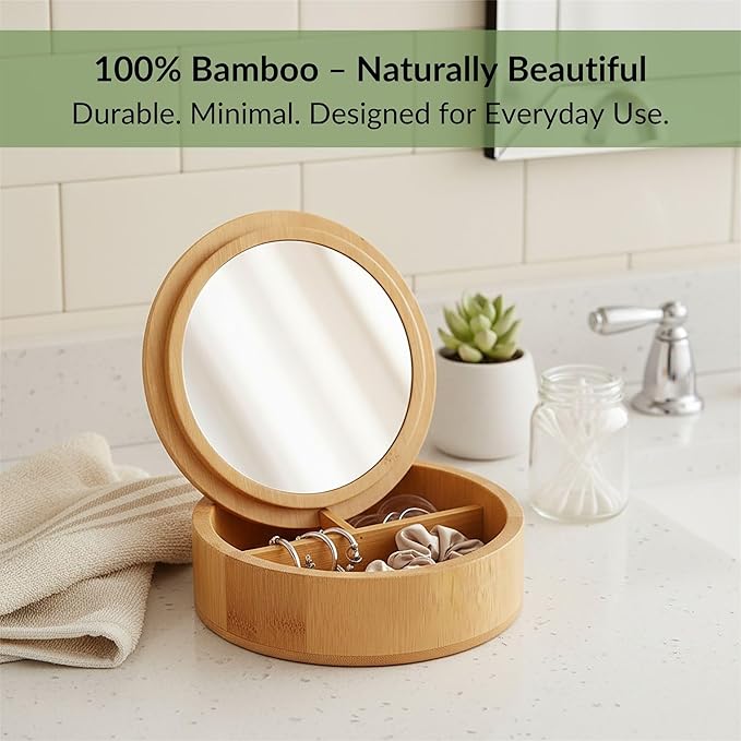 EVIDECO French Home Goods Round Bamboo Box with Mirror Lid - 3-Compartment Organizer for Jewelry, Makeup & Small Accessories - Compact 5.25-Inch Design for Bathroom, Vanity or Dresser