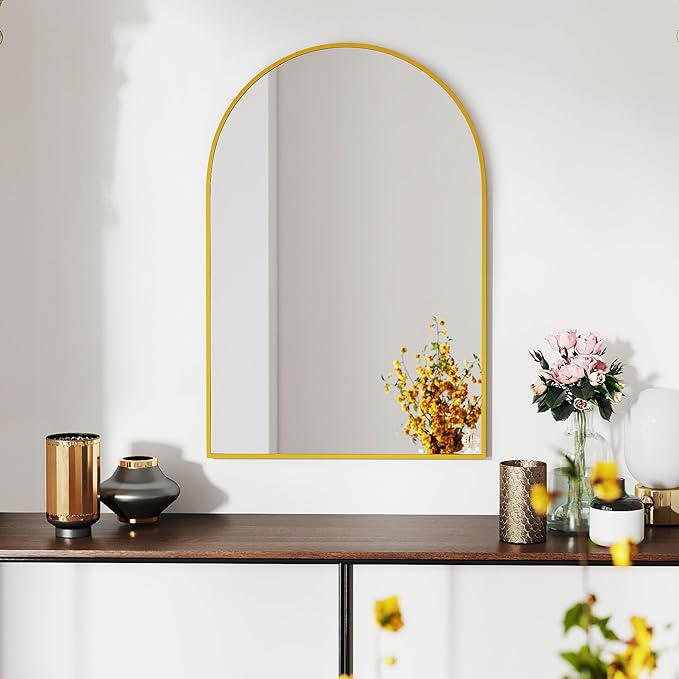 SCWF-GZ 30x20 Arch Mirror Rectangle Wall Mounted Hanging or Against Wall Metal Aluminum Alloy Frame Mirrors for Entryway Bedroom Bathroom Living Room 30 20 inch Gold