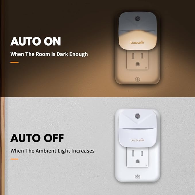 LuxLumin LED Night Lights Plug into Wall with Dusk-to-Dawn Sensor, Automatically Turn on and Off,Night Light for Kids,Bedroom,Bathroom,Stairs,Warm White, 6 Packs