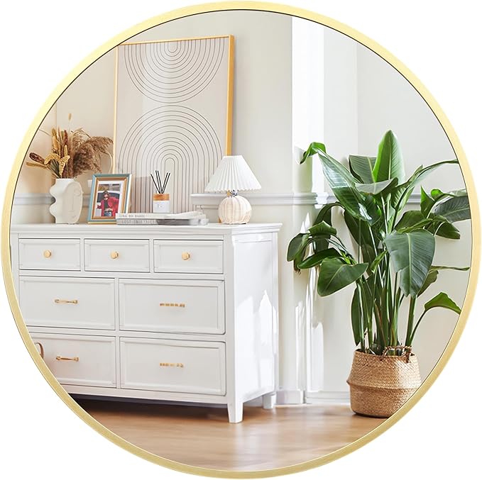 GarveeHome Round Mirror, 18 in Small Aluminum Alloy Circle Frame, High Definition Eco-Friendly Gold Round Bathroom Mirror for Over Sink, Wall Mirror for Entryway, Bathroom, Vanity