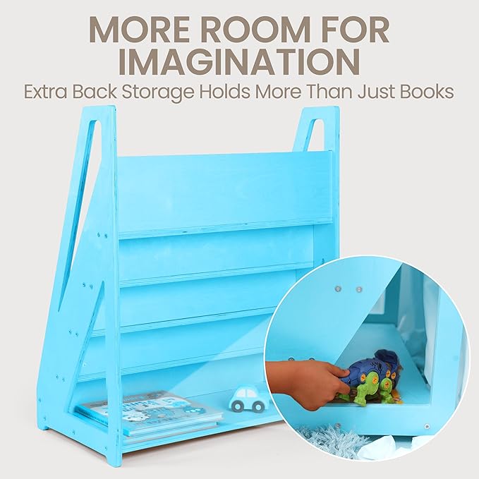 Kids Book Shelf Organizer, Wooden Children’s Bookcase with Front-Facing Storage for Toddlers & Kids (Blue)