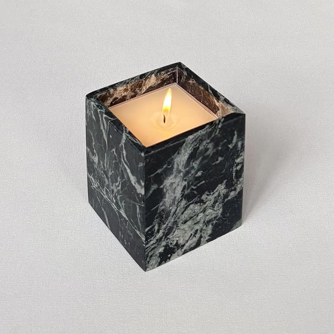 Natural Marble Stone Square Storage Container Empty Vessel Holder Cup for Candle/Pens/Sundries items (Dark Flower Green)