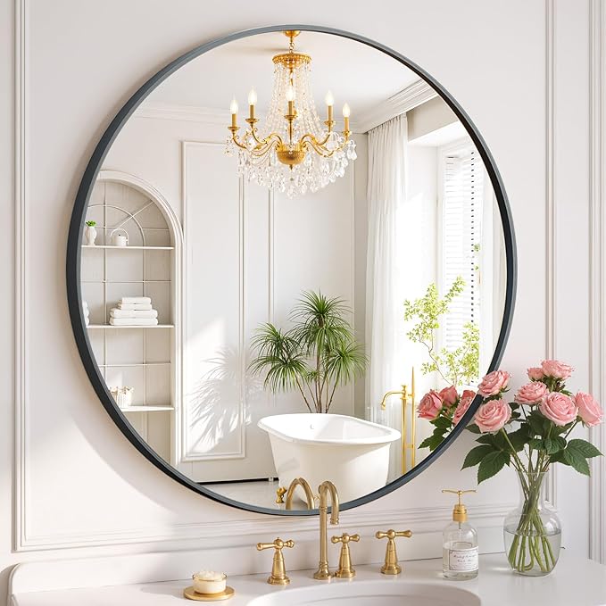 Round Wall Mirror 30 Inch Black Vanity Mirror with Metal Frame, Modern Circle for Bathroom, Entryway, Bedroom, Living Room, Wall Mounted Decorative Mirrors