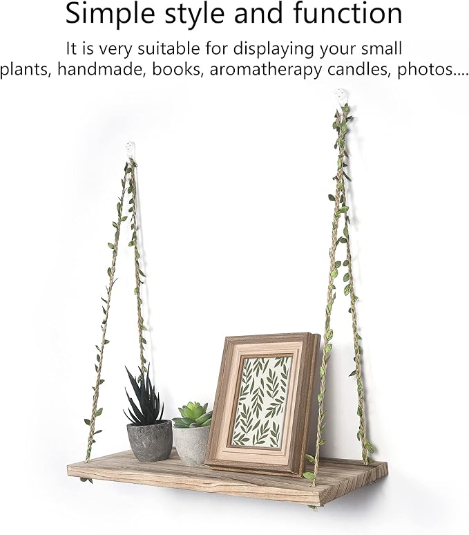 MITIME Hanging Shelves for Indoor Wall and Window - Floating Wall Shelves for Plant Display, Boho Style Home Decor.(Leaf Rope, Light Color,Large*2)