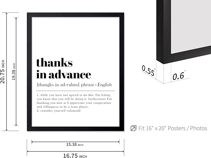 Poster Master Typography Poster - Retro Dictionary Print - Thanks in Advance Definition, Book Page, Funny - Gift for Colleague, Friend - Wall Decor for Home, Office, 16x20 Black Framed