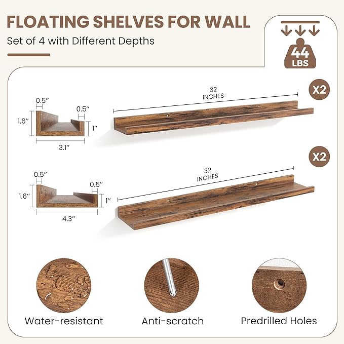 Fun Memories Picture Ledge Shelf, Floating Shelves Set of 4, 32 Inch Picture Shelves for Wall with Ledge, Large Nursery Book Shelf for Toys Storage, Living Room, Bedroom Decor Frames, Rustic Brown