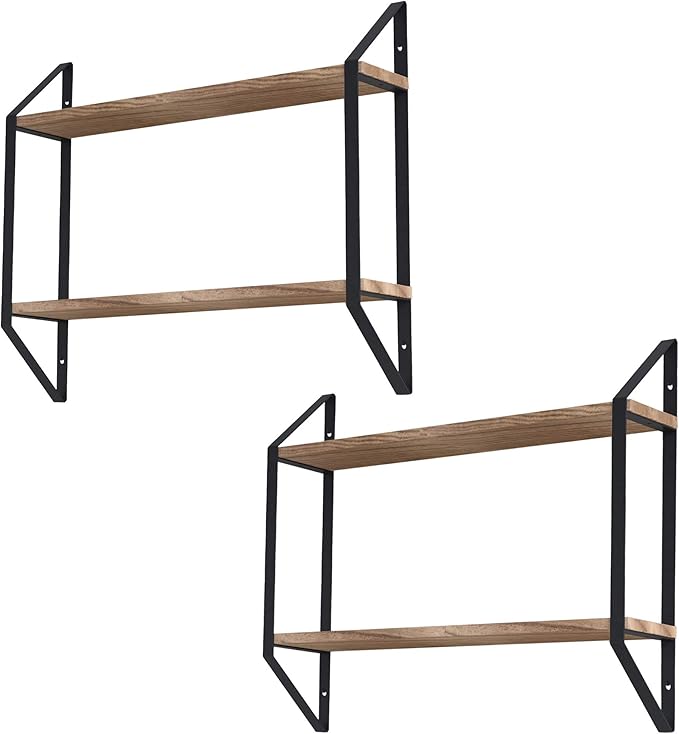 Wallniture Ponza 24 Inch Wood Floating Shelves for Wall, 2-Tier Kitchen Pantry Organization and Storage Shelves Set of 2, Natural Burned Finish