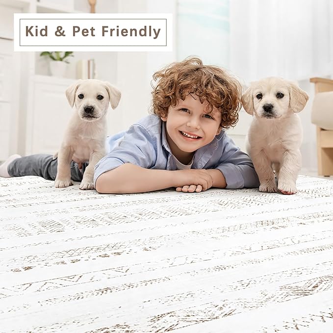 Srugn Moroccan Washable Rugs 8x10 Area Rugs for Living Room,Bedroom,Dining Room- Large Ultra Soft Faux Wool Retro Carpet,Non Slip&Non-Shedding Low Pile Vintage Print Rug-(Light Brown-White)