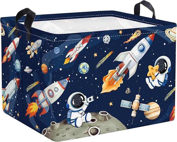 Space Rockets Laundry Hamper Cartoon Astronaut Large Storage Basket Planet Collapsible Parents Organizer Boys Clothes Toy Bins for Bedroom, Bathroom, Blue, 36L