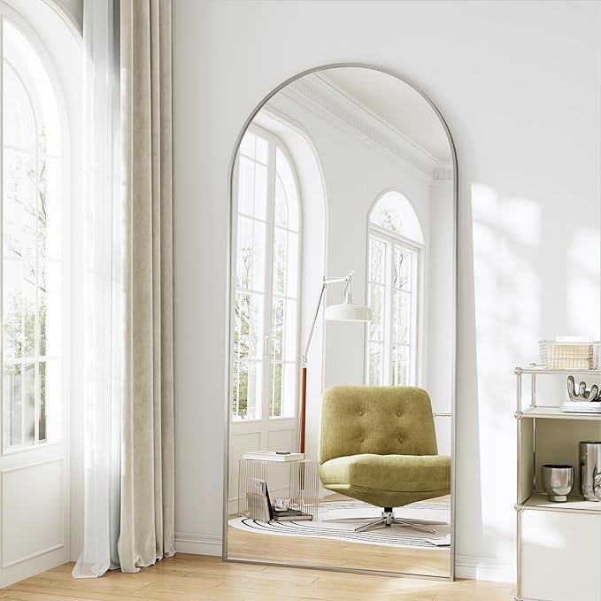 Oversized Full Body Mirror 30x71 inch Arched Full Length Mirror with Stand Aluminum Wall Mounted Hanging or Leaning Standing Mirrors,Silver