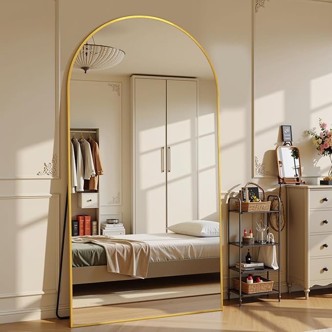 Suidia 78"x38" Arched Full Length Mirror with Stand, Full Body Mirror with Aluminum Frame, Freestanding/Leaning/Wall-Mounted, Floor Mirrors for Bedroom, Living Room, Entryway, Dressing Room, Gold