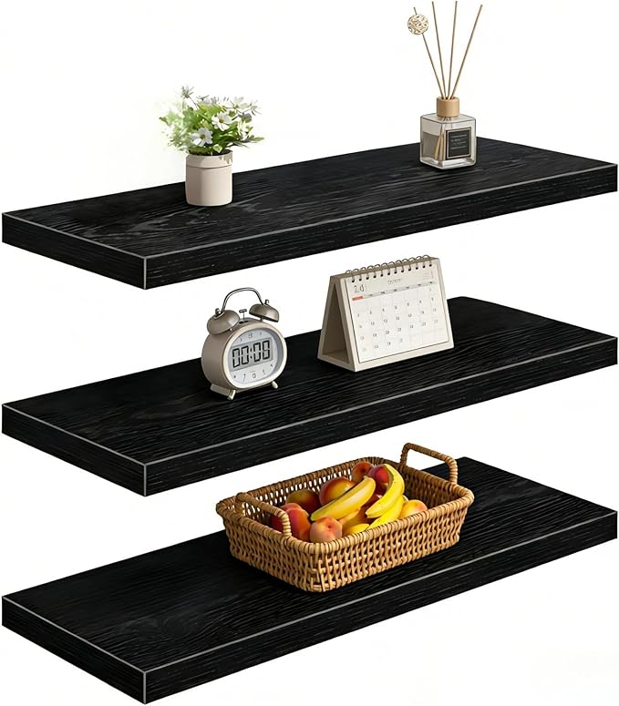 Vervida® Black Floating Shelves, 47.2 in W x 9.3 in D Wall Mounted Wood Shelves with Invisible Brackets Set of 3, Hanging Wall Shelves Decoration for Bedroom, Bathroom, Living Room and Kitchen