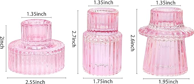 Vixdonos Pink Candlestick Holders Set of 3 Glass Candle Holders for Taper Candles,Pillar Candles and Tealight Candles