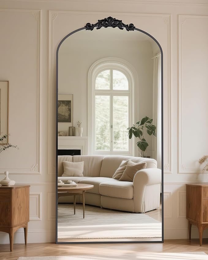 Antok Arched Full Length Mirror, 78"x38" Floor Mirror with Carved, Full Body Mirrors for HomeDecor, Standing/Halling Large Wall Mirror for Bedroom, Living Room, Cloakroom, Black, Retro Style