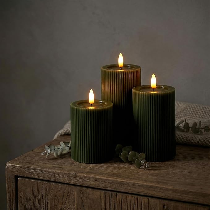 Fluted Ribbed LED Pillar Candles, Loden Green, with Reflective Melted-Wax Effect – Flickering Flame, Remote, Dimmable, Flameless, Battery Operated, Home & Wedding Decor (Set of 3)