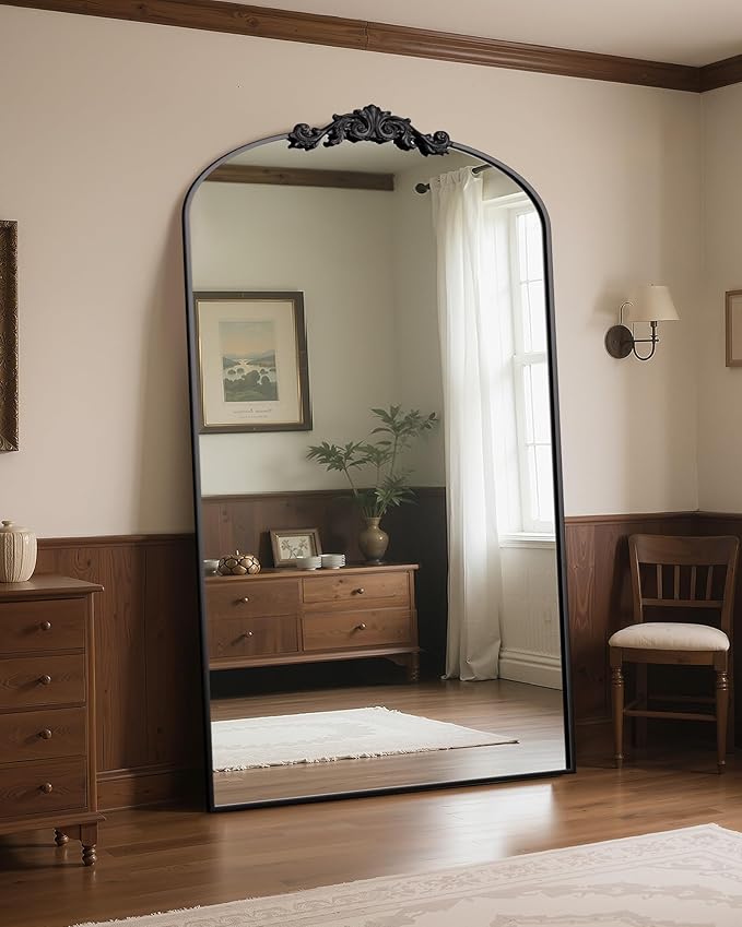 Antok Arched Full Length Mirror, 81"x41" Floor Mirror with Carved, Full Body Mirrors for HomeDecor, Standing/Halling Large Wall Mirror for Bedroom, Living Room, Cloakroom, Black, Retro Style