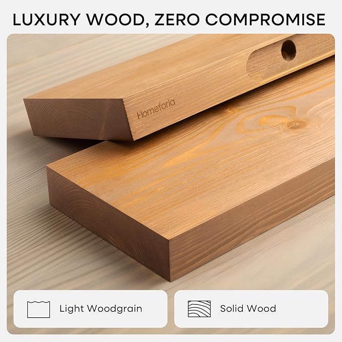 Homeforia 30 inch Golden Oak Floating Shelf, High End Solid Real Wood 30inch Small Floating Shelves for Wall Mounted, Oak Wooden 30in Floating Shelves, Heavy Duty Bracket, 30 X 6.5 X 1.75 in, Set of 2