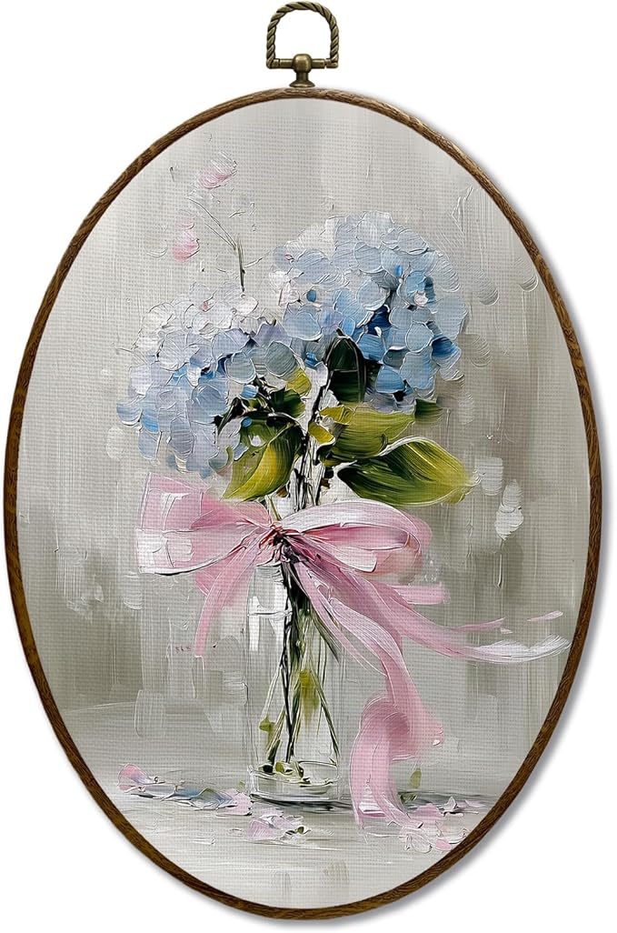 JQF Vintage Hydrangea Floral Oval Wall Decor, Cottagecore Floral Oval Canvas Wall Art, Pink Bow Flower Bouquet Botanical Framed Prints Hanging Decor for Home Bedroom Living Room, 8.5x11.5 Inch