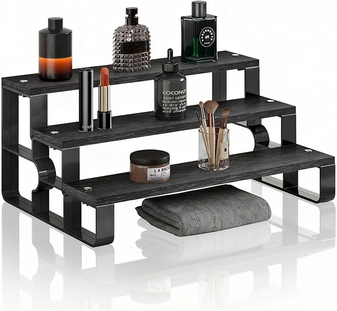 Wood Perfume Stand Organizer,3 Tier Black Cologne Organizer for Men,Fragrance Stand for Dresser,Bedroom,Bathroom,Cupcake(Width=14")