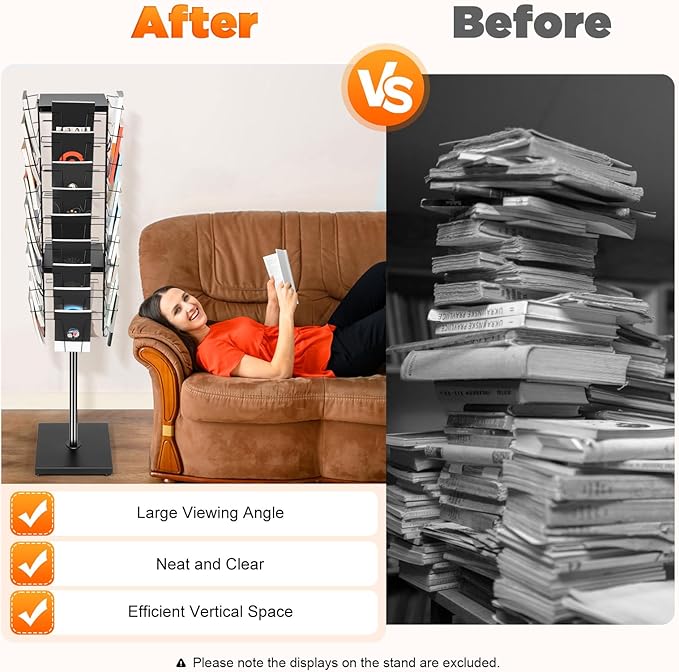 360°Rotating Shelf, 36 Pockets Metal Rotated Organizer Stand Magazine Rack 36 Pocket Rotating Magazine Rack 132.3lbs Load Capacity for Display In Offices, Audiovisual Stores, schools