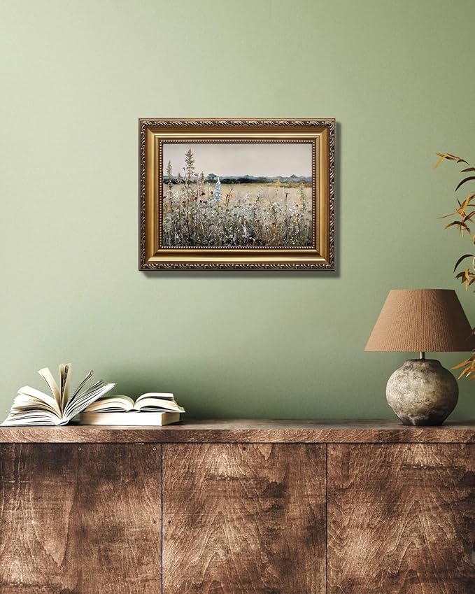 KBKBART Vintage Framed Wall Art for Living Room, French Wildflowers Field Art Print Posters, Neutral Country Meadow Landscape Wall Decor for Room Decor Aesthetic, Gold Framed Vintage Oil Painting Canvas Artwork Botanical Wall Art, 9''x12''