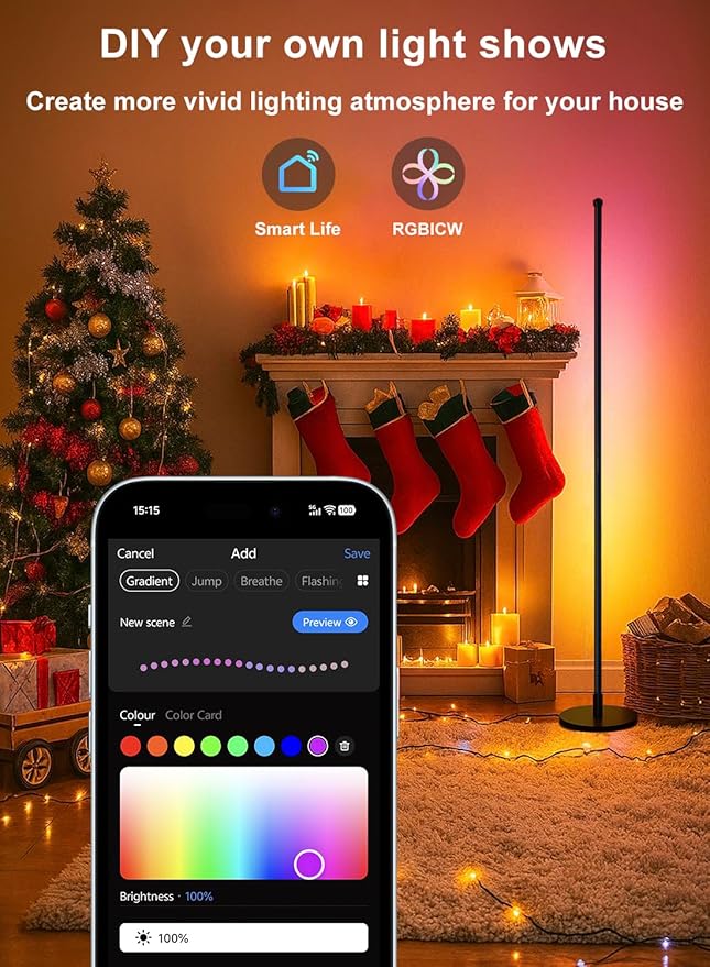 Sotipevs Corner Floor Lamp, Smart RGBICW LED Corner Lamp with App and Remote Control, 16 Million DIY Colors, Music Sync, Modern LED Floor Lamp for Living Rooms, Bedrooms, and Gaming Rooms