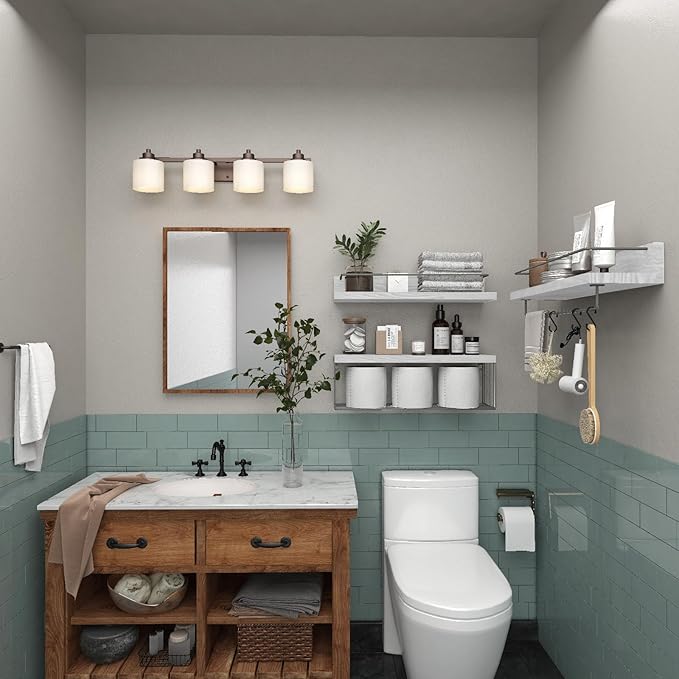 PopiShelves 22.5 inches Bathroom Shelves Over Toilet for Wall, Floating Shelves with Storage Basket Paper Holer for Kitchen Living Room, Bedroom & Classroom, Set of 3 (White and Grey)