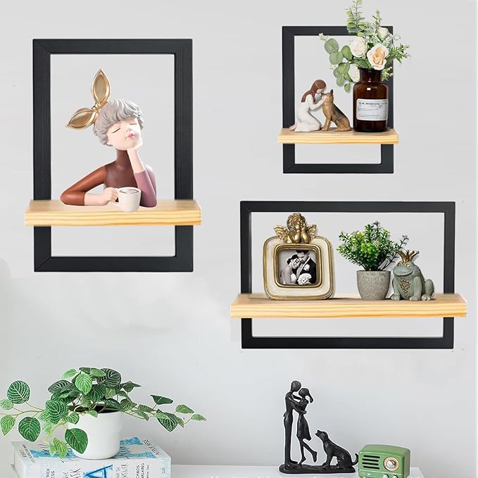 Set of 3 Wooden Floating Shelves for Wall - Solid Wood Kitchen Shelf Decor Floating Wall Shelves for Living Room, Metal Frame Hanging Shelves