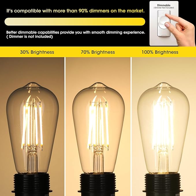 Gozelux Vintage LED Edison Bulbs, 6W, Equivalent 60W, Dimmable, Warm White 2700K, ST58 Antique LED Filament Bulbs with 90+ CRI, E26 Medium Base, Clear Glass, 8 Count (Pack of 1)