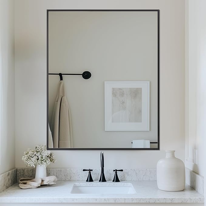 Antok 40x32 Black Metal Framed Bathroom Mirror, Wall Mirror with Rect Corners, Vanity Mirror for Over Sink, Anti-Rust Tempered Glass, Horizontal/Vertical Hanging for Bathroom, Living Room, Entryway