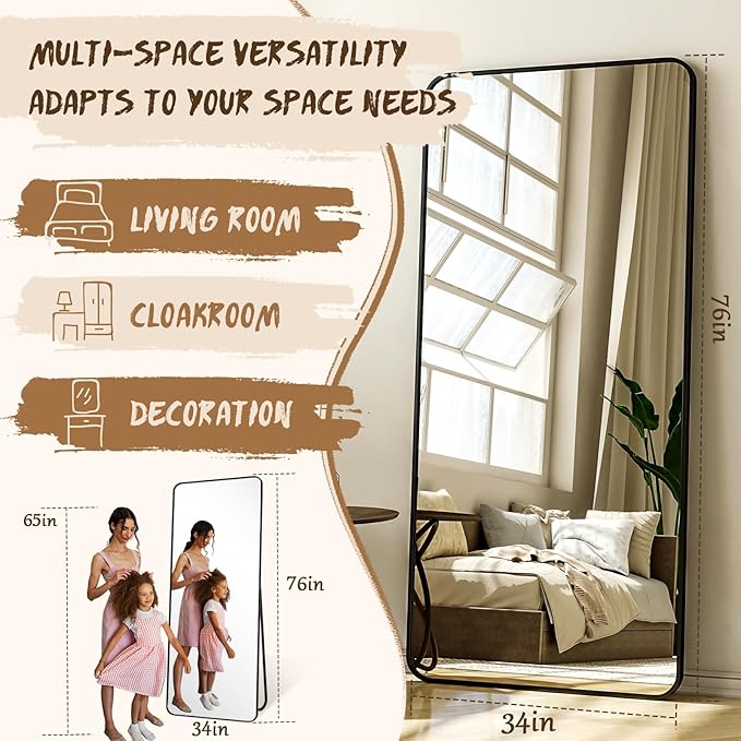 XRAMFY 76"x34" Floor Full Length Mirror Standing Full Body Rounded Corner Rectangle Mirrors with Stand Hanging Wall Mounted Leaning Bedroom Living Room Bedroom Cloakroom,Black