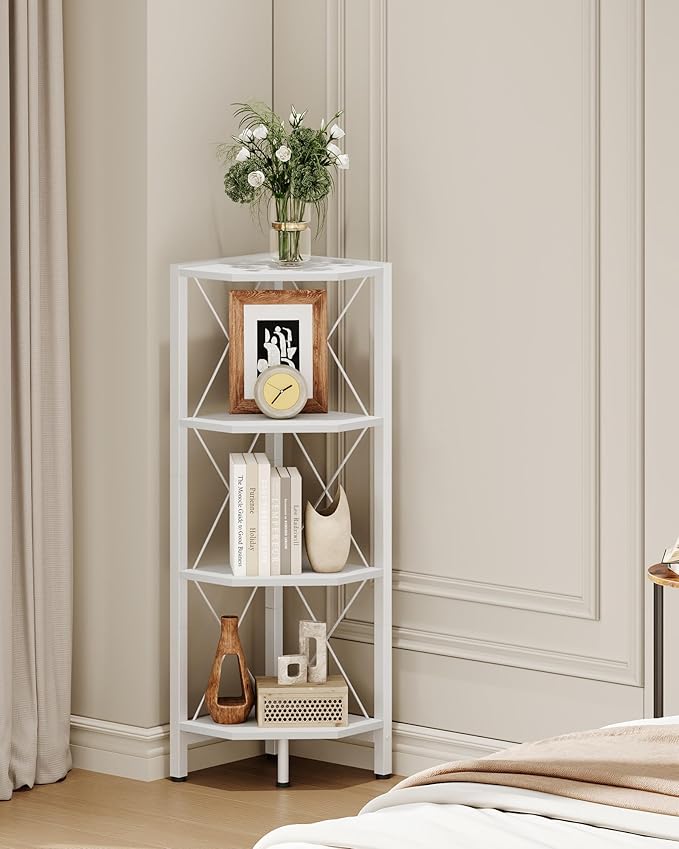 CHOEZON 4-Tier Corner Shelf, Corner Bookcase, 43.3" Tall Vertical Display Rack, Plant Stand, Open Storage Shelf, for Living Room, Bedroom, Study, Kitchen, White TCJ14WB