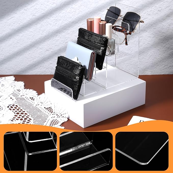 Giantree Acrylic Wallet Display Stand, 1 PCS 6 Tier Clear Purse Handbag Organizer Jewelry Riser Display Stand 7.8" Clear Multi Slot Counter Table Shelf for Cosmetic Perfume Sunglasses(6 Tier,1)