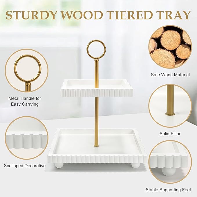 Wooden Two Tiered Tray Stand for Decor, Modern 2 Tier White Rectangular Decorative Tray with Gold Handle Farmhouse Countertop Serving Display Stand for Home Kitchen Coffee Bar Table Centerpiece