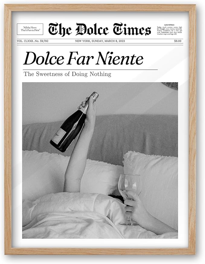 iHery Small Dolce Far Niente Framed Trendy NewsPaper Wall Art, Natural OAK Wood 8x10in Canvas Wall Art Bedroom,The Sweetness of Doing Nothing Print,La Dolce Vita Home Decor For Living Room Dorm 1Pack