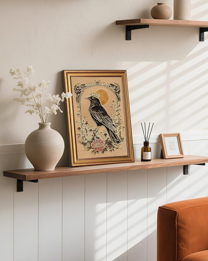 InSimSea Gold Framed Canvas Prints Wall Art, 3D Embossed Vintage Decor, King Raven Folk Art Mystical Moon Flowery Aesthetic Paintings, Farmhouse Wall Decor for Bedroom Living Room Shelf, 12x16inch