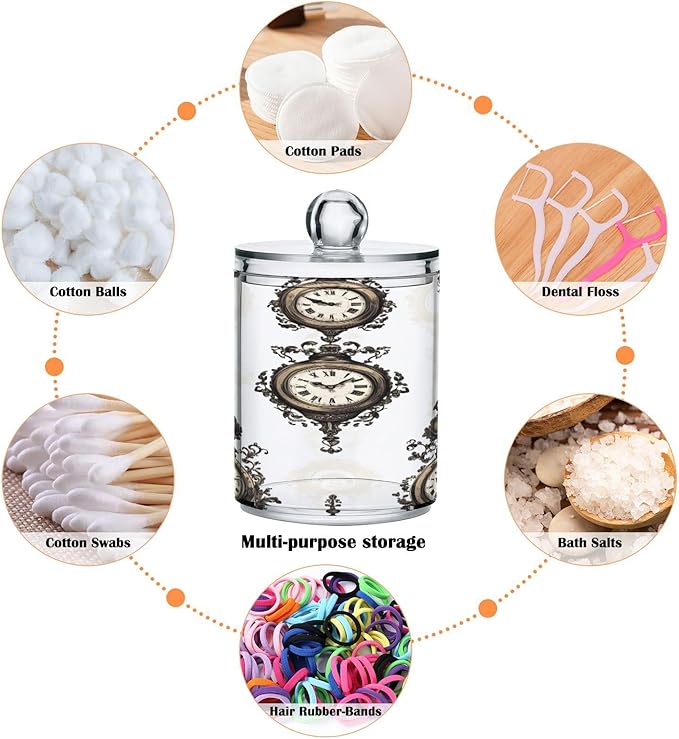 Nander 2Pack Clock Qtip Holder Dispenser -Clear Plastic Apothecary Jars Set - Restroom Bathroom Makeup Organizers Containers for Cotton Swab, Ball, Pads, Floss