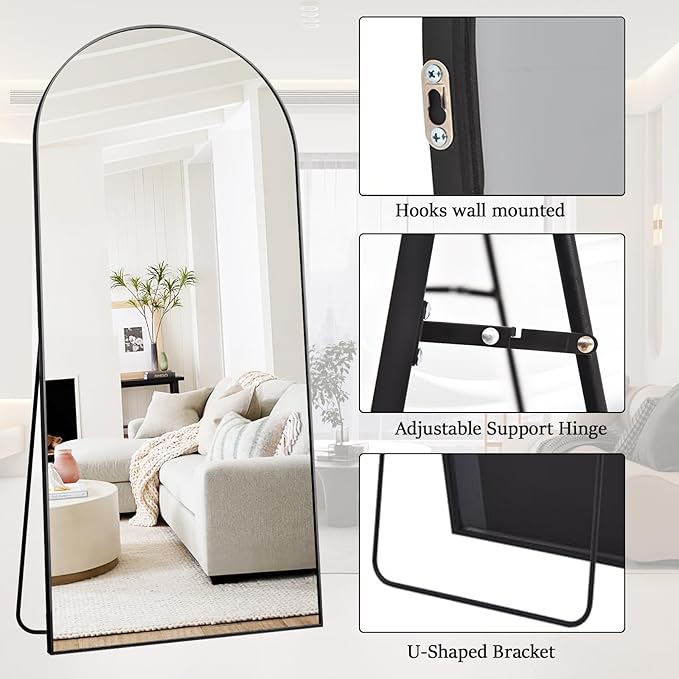 Rowjut Floor Full Length Mirror, Arched Mirrors Full Length 76"x34" Freestanding Large & with Aluminum Frame&Wall Mounted & Hanging or Leaning& Full Body Mirror for Bedroom, Black