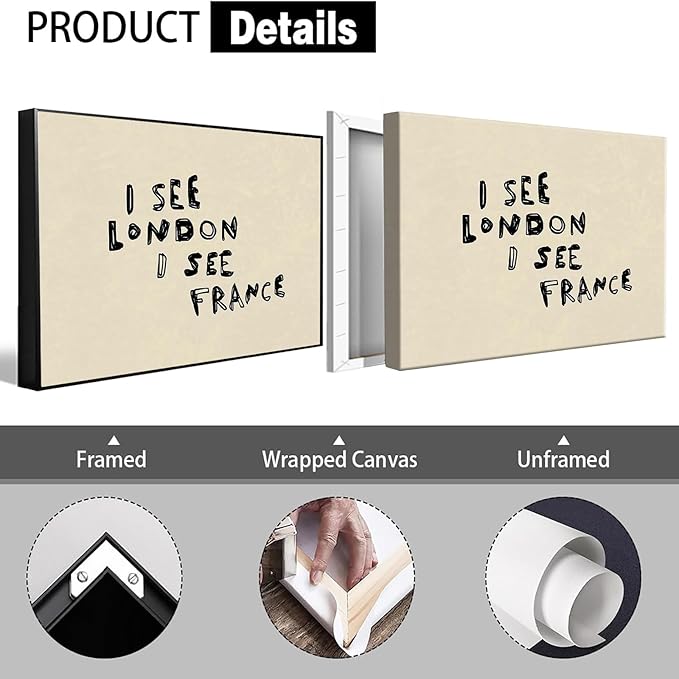 Funny Neutral Bathroom Wall Art I See London I See France Posters Quirky Humorous Black Typography Print Above Toilet Modern Minimalist Wall Decor For Home Apartment Dorm 24x36in Wrapped Canvas