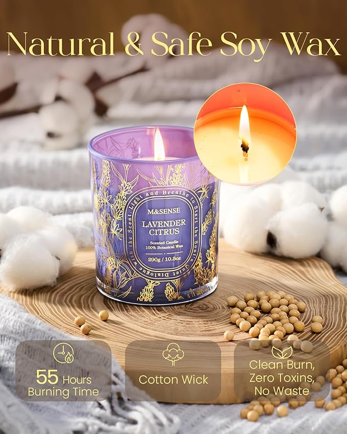 M&SENSE Lavender Citrus Scented Candle, Non Toxic Soy Wax Clean Burn, 55 Hours Long Burning 10.3oz, Stress Relief Fresh Home Fragrance Gift Ready Decor, Housewarming Gifts for Women