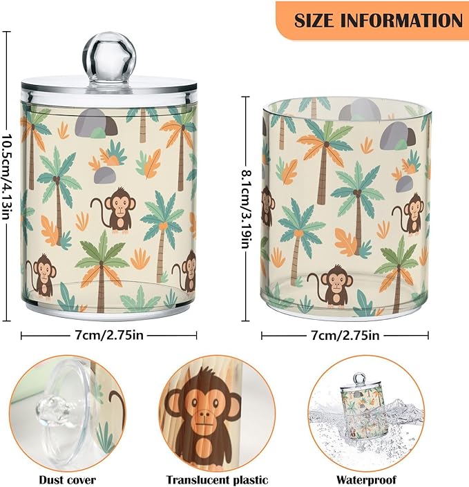 Cartoon Monkey Palm Tree Bathroom Containers Holder with Lids Set Clear Jars 2 Pack Plastic Makeup Storage Organizer 4.13 x 2.75In for Pads Cotton Swabs Hair Clips