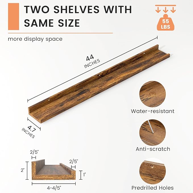 FLYJOE Picture Ledge Shelf, Floating Shelves Set of 2, 44 Inches Nursery Book Shelves for Toys Storage, Kids Bookshelf Wall Mounted for Living Room Bedroom Decor Books Photo Frames, Rustic Brown