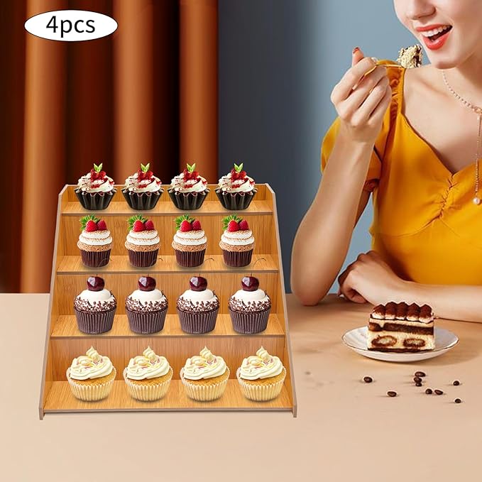 Wooden Display Riser Stand, 4 Set 4-Tier Cupcake Organizer Stand with Prevent Falling Edge, Cupcake Stands Shelf Holder for Candles, Skincare and Makeup