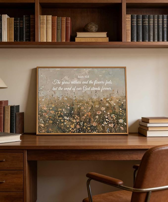 Framed Christian Floral Scripture Canvas Wall Art Wildflower Meadow Bible Verse Wall Decor Picture Isaiah Religious Faith Art Poster Print for Living Room Bedroom Decoration 12x16in