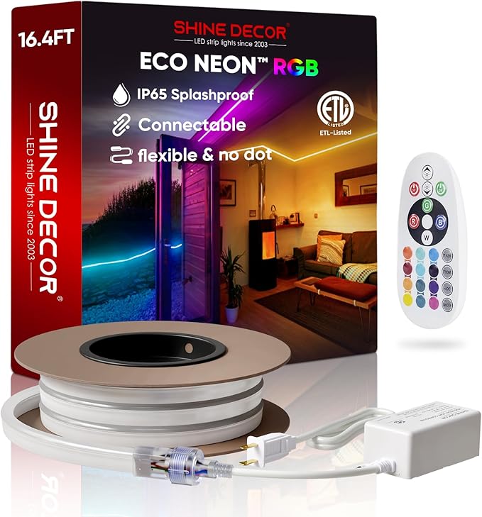Shine Decor LED RGB Neon Rope Lights AC 120V, Expandable & Cuttable Bright Strip Lighting with Remote, Dimmable Color Changing, ETL Cold-Resistant & IP65 Waterproof for in&Outdoor, 10x20mm, 16.4FT
