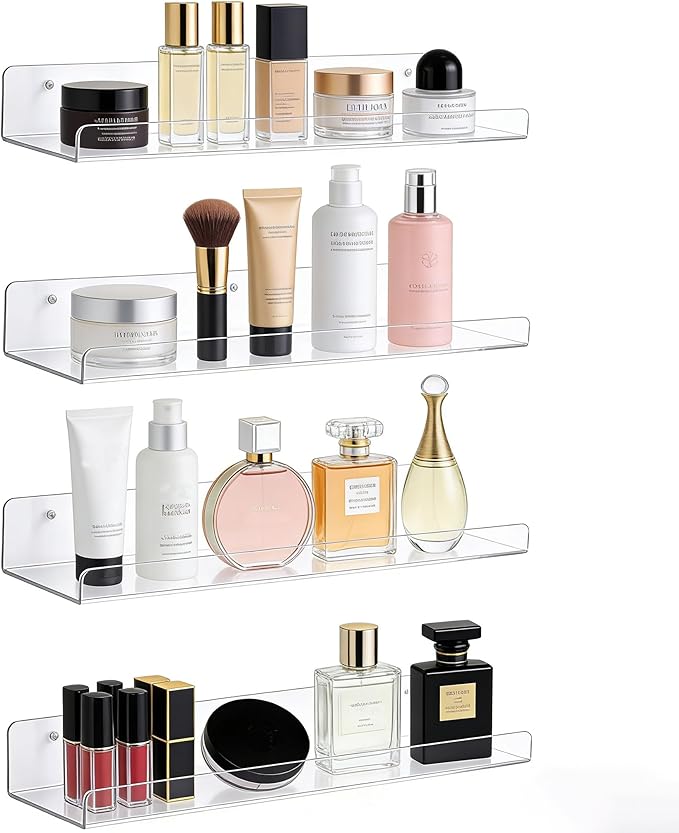 Clear Acrylic Shelves for Bathroom, 15'' Floating Shelves Wall Organizer for Perfume, Skincare, Bookshelf Organizer for Bedroom, Kids Room, Living Room, Room Decor