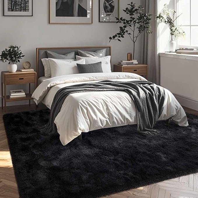 FinRèc Soft Black Rugs for Bedroom Living Room, 3x5 Feet Modern Indoor Fluffy Shaggy Area Rug, Non-Slip Fuzzy Furry Rug for Nursery Kids Room Dorm Room Home Decor, High Pile Plush Floor Carpet