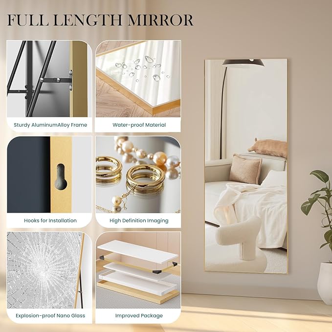 NEWBULIG Full Length Mirror, Full Body Floor Mirror with Aluminum Alloy Thin Frame, Wall or Standing Mirror for Bedroom, Living Room, Dressing Room